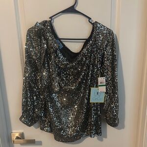 CeCe Black Sequin 3/4 Sleeve Blouse for Evening Glam